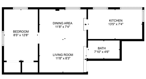 A floor plan of a house with a bedroom, living room, dining area, kitchen, and bath.