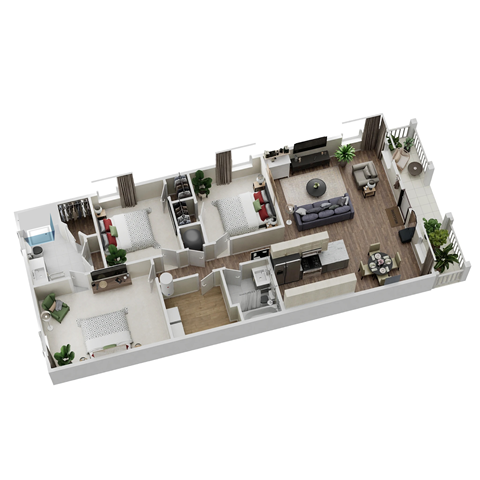 A 3D floor plan of a house with a living room, kitchen, and dining area.