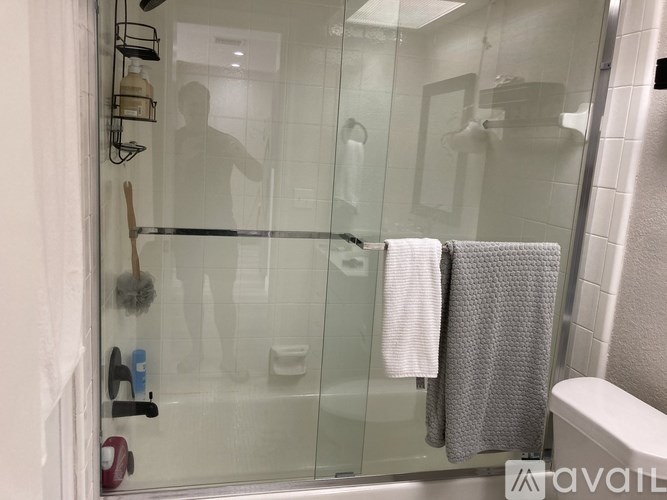 A person is cleaning a glass shower door with a brush.