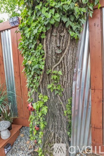 A tree with a face carved into it is covered in green vines.