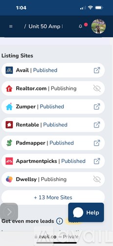 A screenshot of a mobile device displaying a list of listing sites with options to publish or get leads.