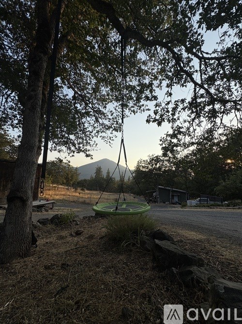 A swing set is in the middle of a grassy area with trees and a mountain in the background.