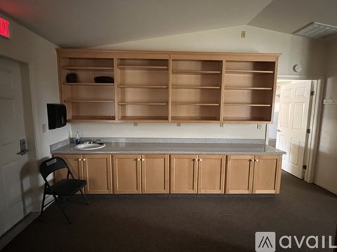 A kitchen with wooden cabinets and a countertop.