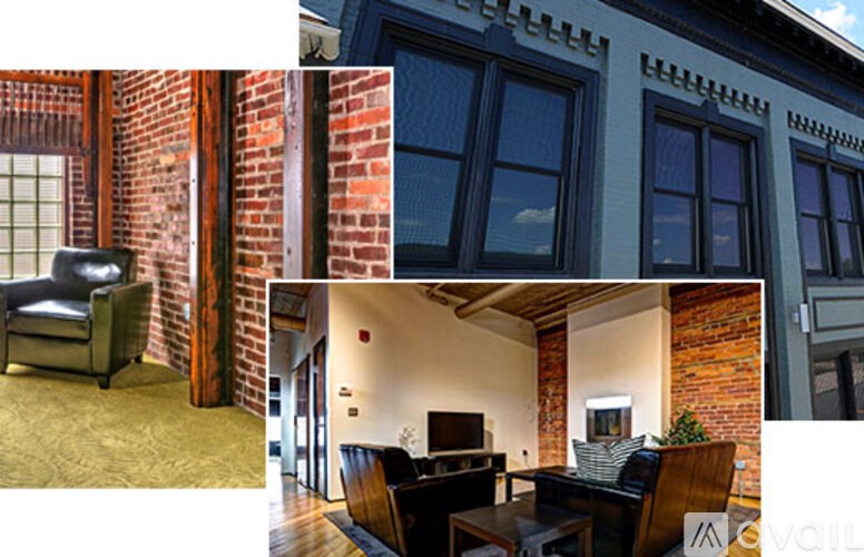 A collage of images showing a living room with a brick wall, a chair, a couch, and a dining area.