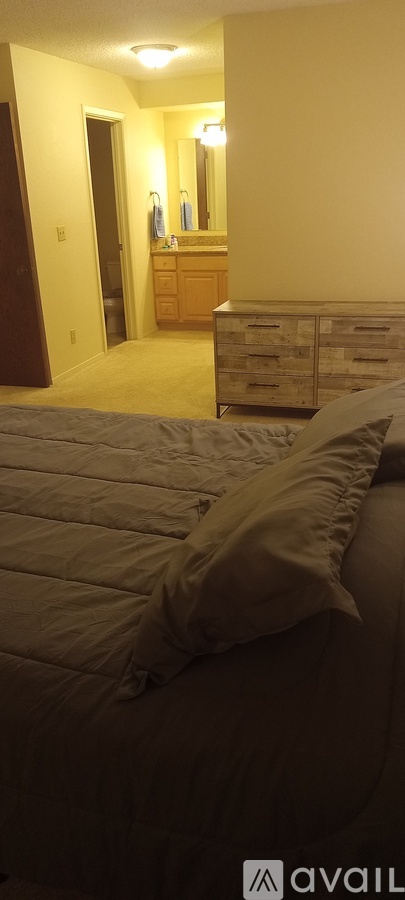 A bedroom with a bed, dresser, and mirror.