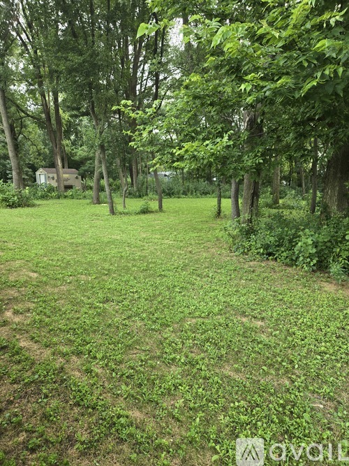 A grassy area with trees and a house in the background.