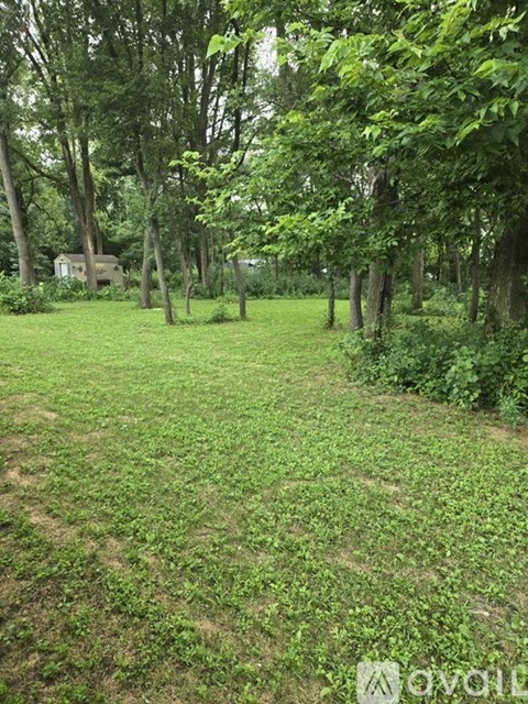 A grassy area with trees and a house in the background.