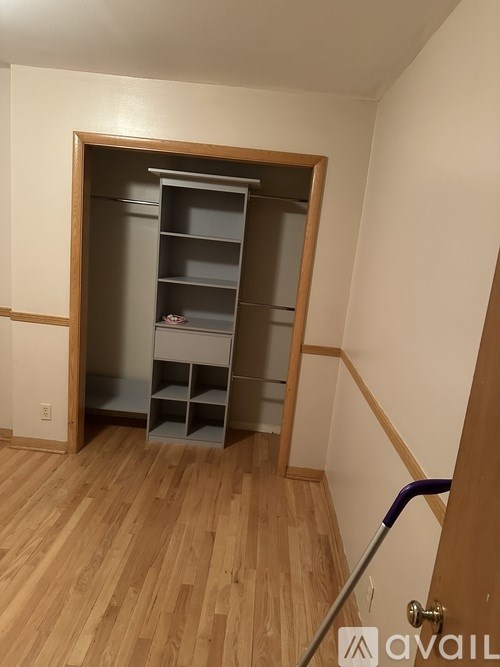 A room with a closet and a broom.