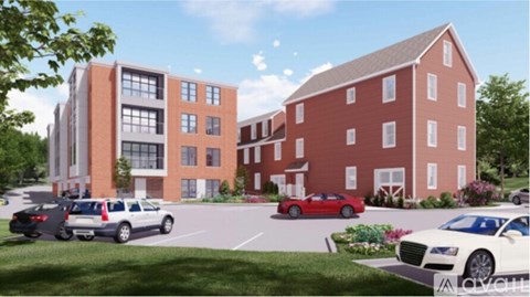 A rendering of a modern building with a red brick house in the background.