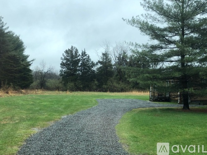 A gravel path winds through a grassy field with trees in the background.