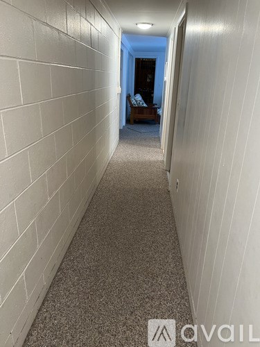 A long hallway with white walls and carpeting.
