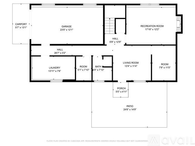 A floor plan for a house with a garage, two living rooms, a kitchen, a bathroom, and a porch.