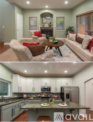 A living room with a couch and a dining table, and a kitchen with a refrigerator, stove, and cabinets.
