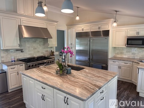 A kitchen with a marble countertop and stainless steel appliances.