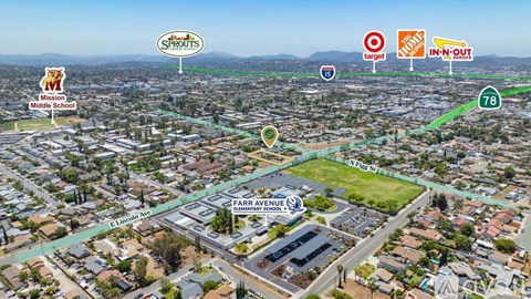An aerial view of a neighborhood with a sprouts grocery store, a Target, and a Walmart.