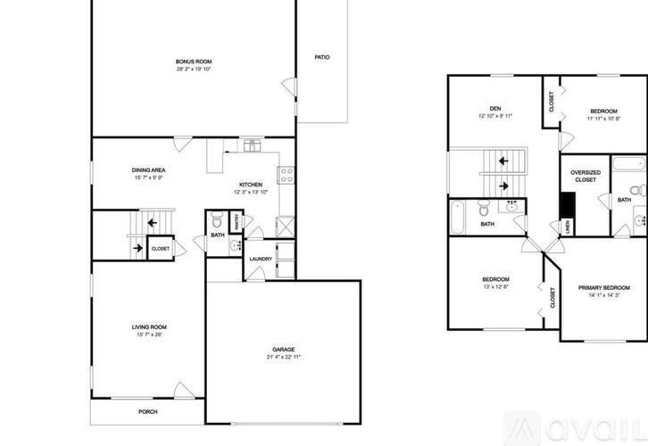 A floor plan of a two-story house with a living room, dining area, kitchen, and bathrooms.