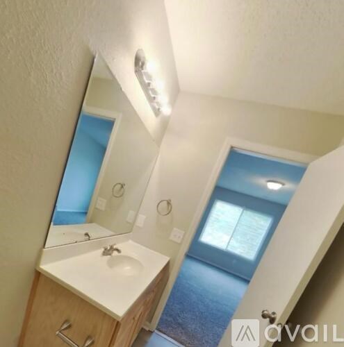 A bathroom with a sink, mirror, and a blue door.