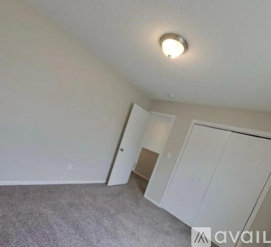A room with a carpeted floor and a single light fixture on the ceiling.