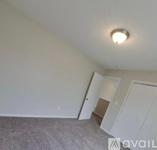 A room with a carpeted floor and a ceiling light.