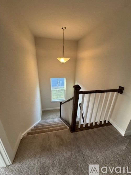 A staircase with a carpeted runner and a wooden banister.