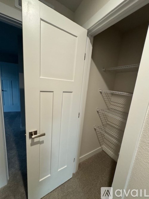 A white door with a handle is open to a hallway with shelves.