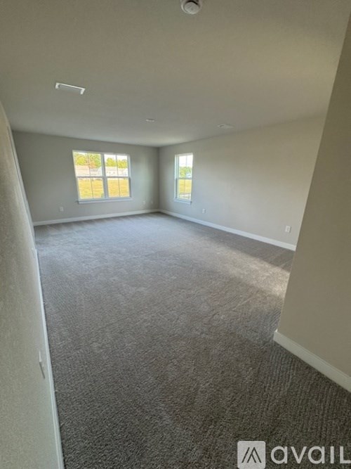 A spacious room with carpeted floor and two windows.