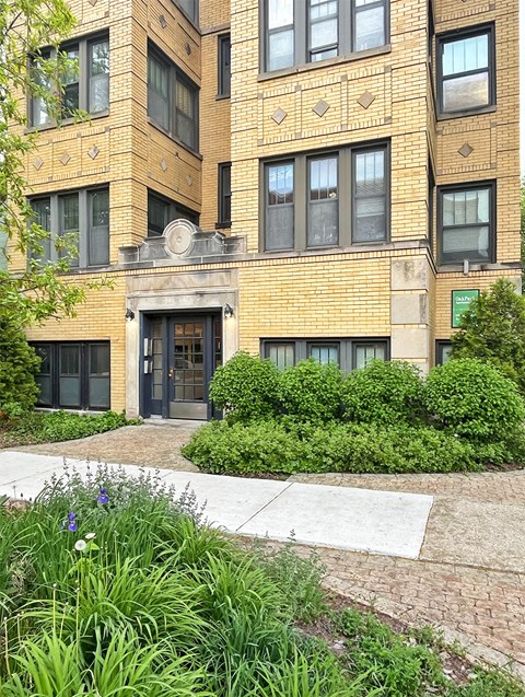 A building with a black door and windows with bushes in front.