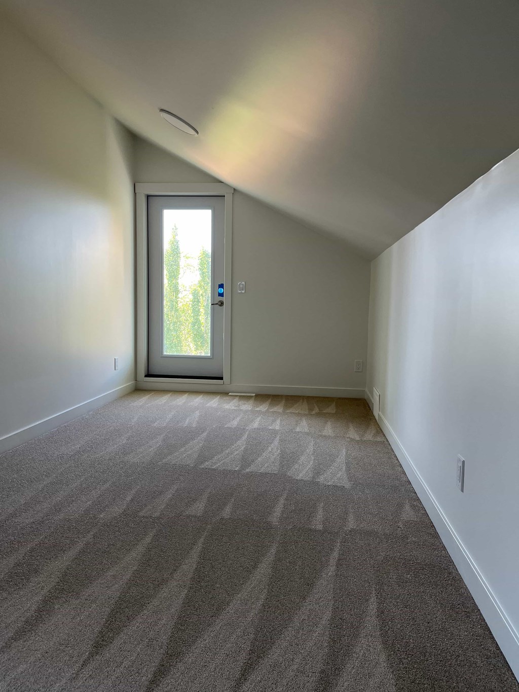 A room with a carpeted floor and a door leading outside.