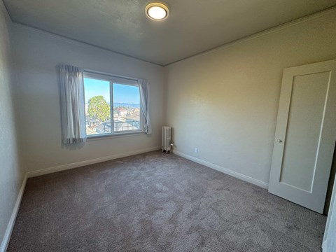 A room with a carpeted floor, a window with a view of trees and buildings outside, a white door, and a ceiling light fixture.