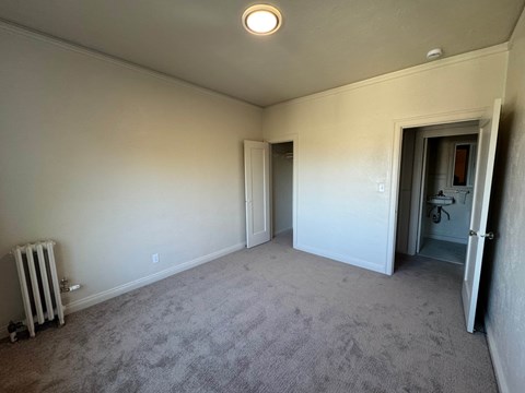 A room with a grey carpet and a white wall with a doorway leading to another room.