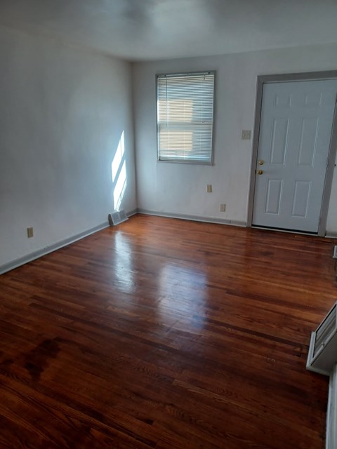 A room with a wooden floor and a white door.