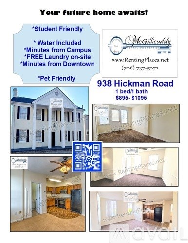 A flyer advertises a rental property at 938 Hickman Road, offering a one-bedroom apartment for $1095.