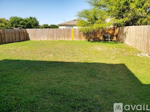 A backyard with a wooden fence and a tree.