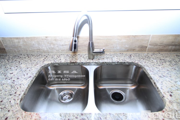 A stainless steel sink with a chrome faucet and a business card for Lisa Property Management.