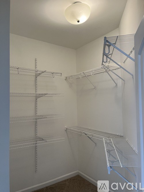A walk-in closet with shelving and hanging space.