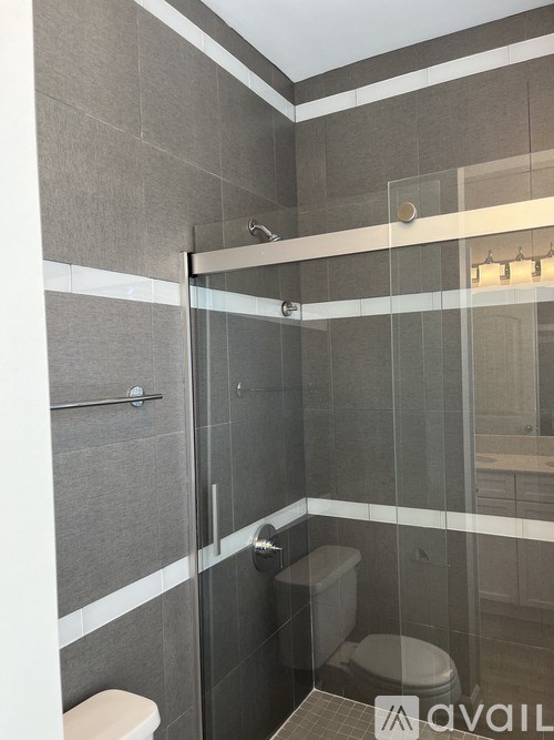 A bathroom with a toilet and a walk-in shower.