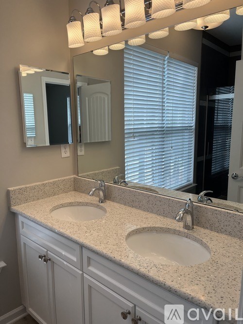 A bathroom with two sinks and a large mirror.