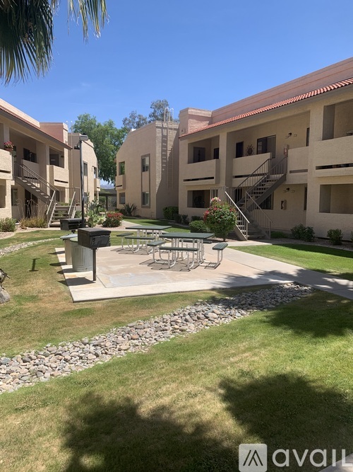 A sunny day at the courtyard of apartment buildings.
