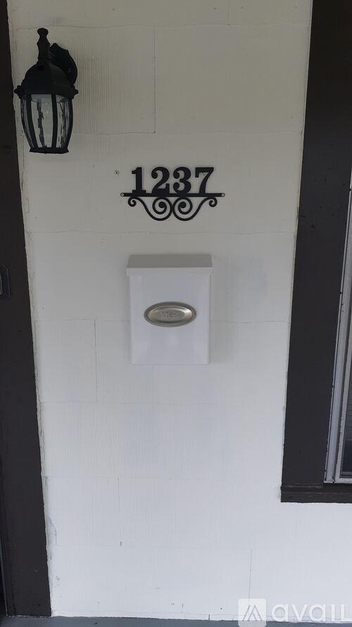 A white door with a black handle and a black lantern above it.