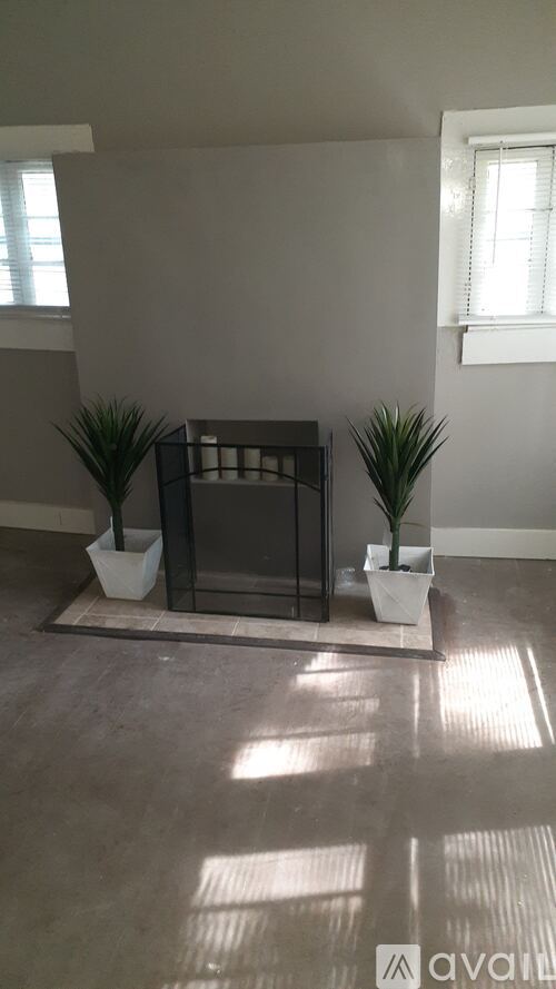 A living room with a fireplace and two potted plants.
