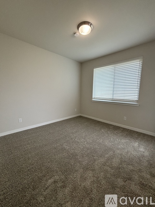 A room with a carpeted floor and a window with blinds.