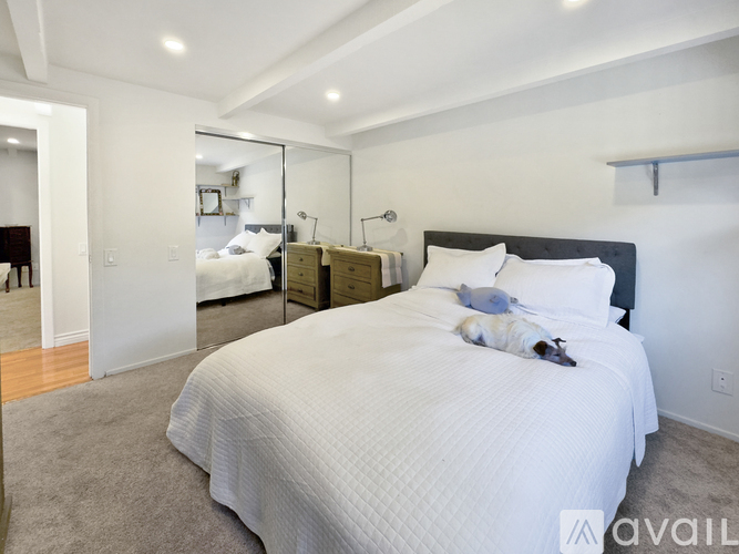 A bedroom with a large bed and a dog sleeping on it.