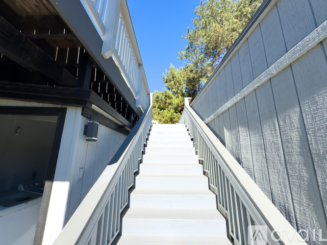 A staircase with a white railing leads up to a building.