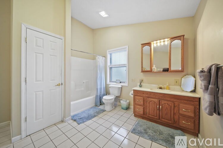 A bathroom with a white door, a white toilet, a sink with a mirror above it, and a rug on the floor.