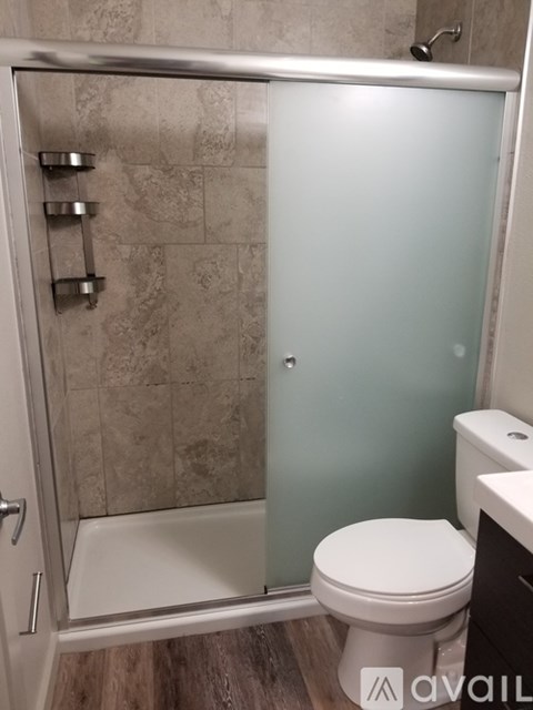 A bathroom with a toilet, a walk-in shower, and a towel rack.