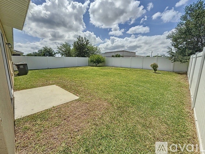 A backyard with a fence and a small tree.