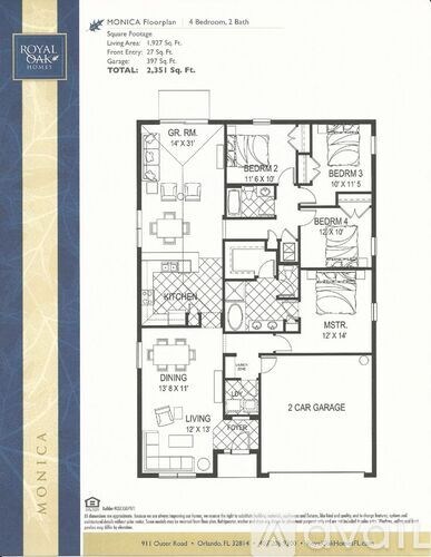 A floor plan for a Monica floor plan by Royal Oak shows the layout of four bedrooms, two bathrooms, a garage, and a living area.
