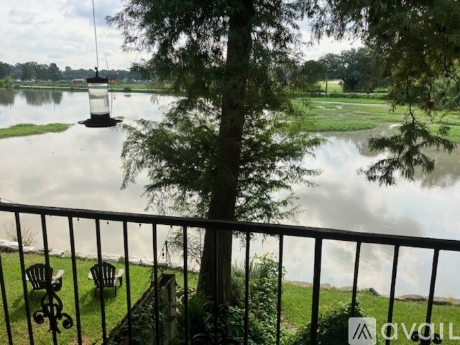 A view from a balcony overlooking a flooded landscape with a tree and a small structure in the water.