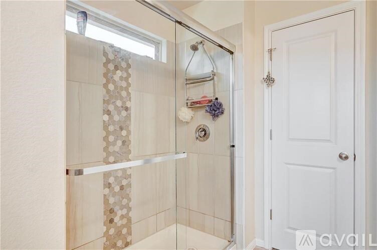 A bathroom with a shower and a white door.
