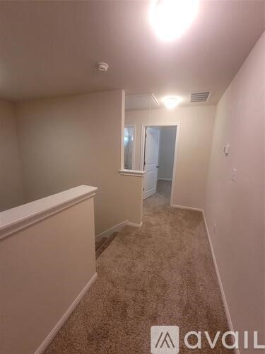 A carpeted hallway with a door at the end.